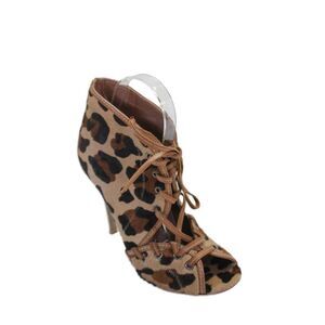 Alaia Womens Pony Hair Leopard Print Lace Up Open Toe Bootie Shoes Brown Size 7